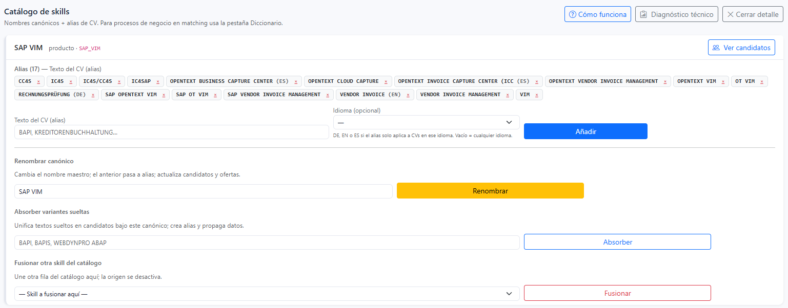 Catálogo de skills en configuración Talenkai