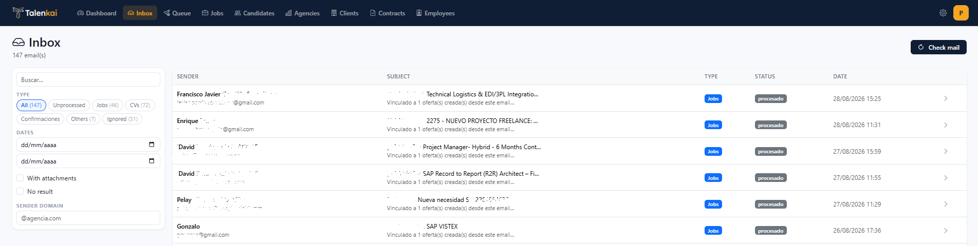 Bandeja de emails de recruiting Talenkai