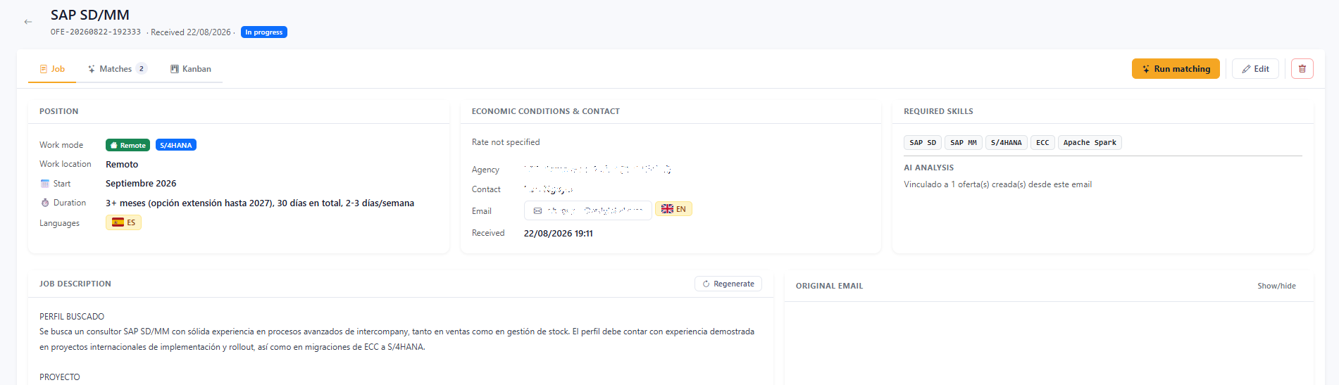 Detalle de oferta Talenkai con skills y descripción IA
