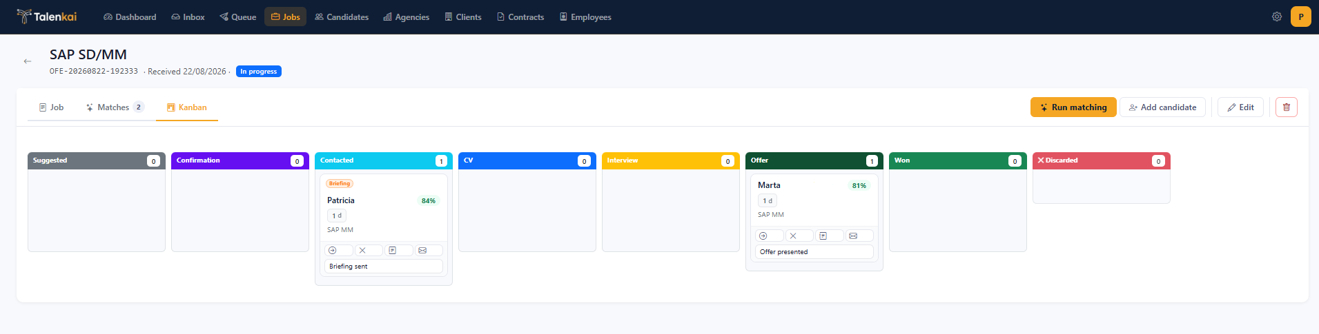Tablero kanban de una oferta en Talenkai