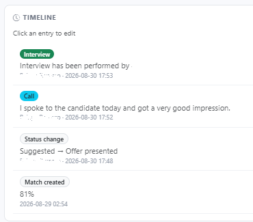 Timeline de actividad de un match Talenkai
